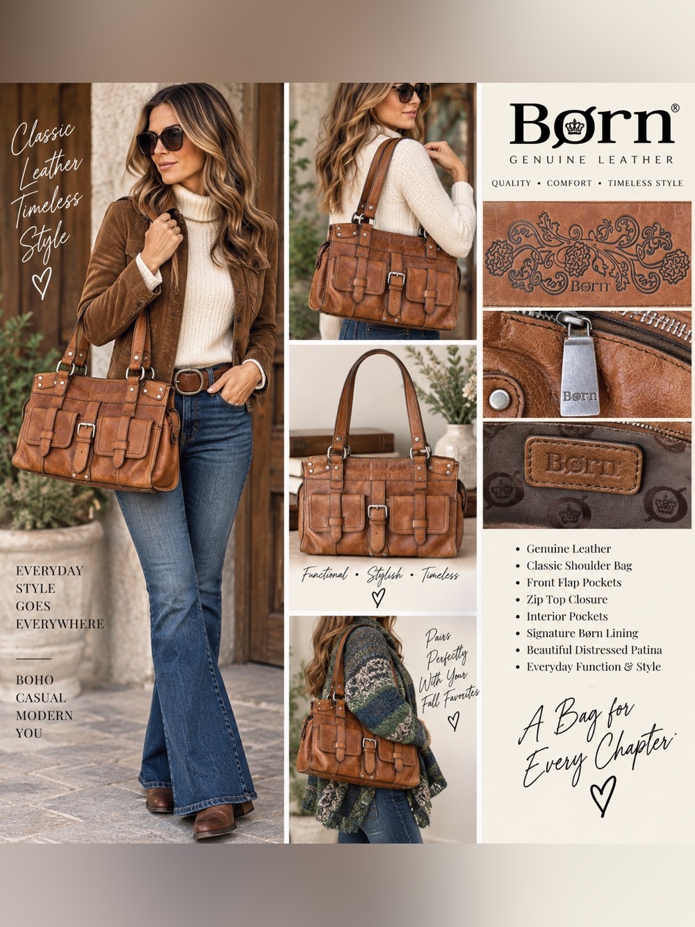 Born Cognac Brown Leather Shoulder Bag Satchel Buckle Pocket Boho Handbag